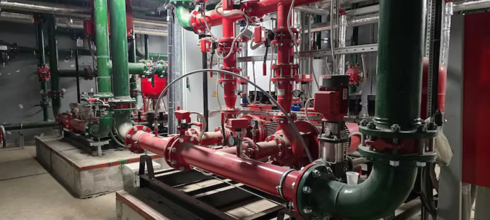 Commercial mechanical room with large red and green pump and pipe runs