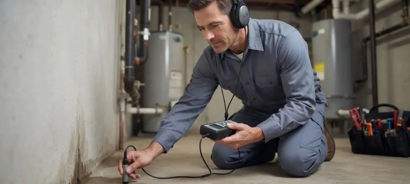 Plumber wearing headphones using a listening device on a basement wall
