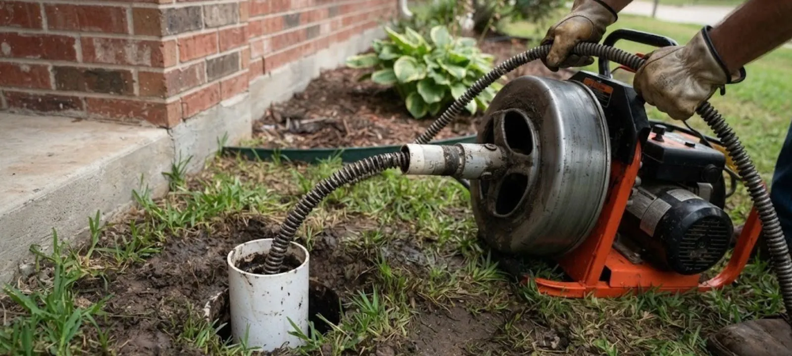 Plumber feeding a drain auger into an outdoor cleanout beside a brick house