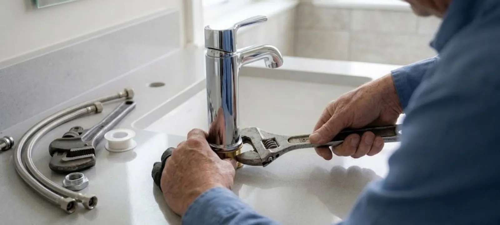 Plumber tightening a bathroom faucet with a wrench
