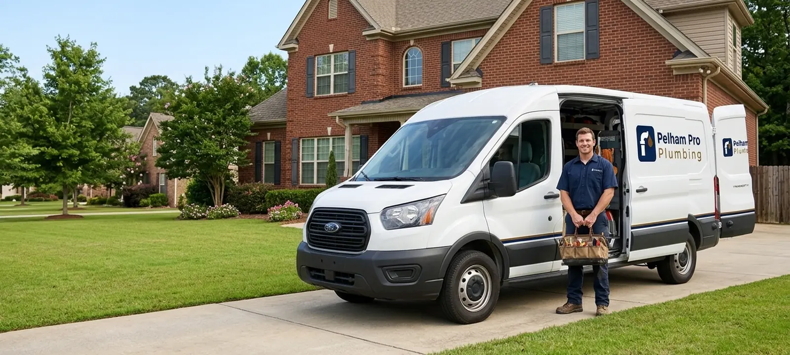 Licensed plumber beside a Pelham Pro Plumbing service van outside a brick home