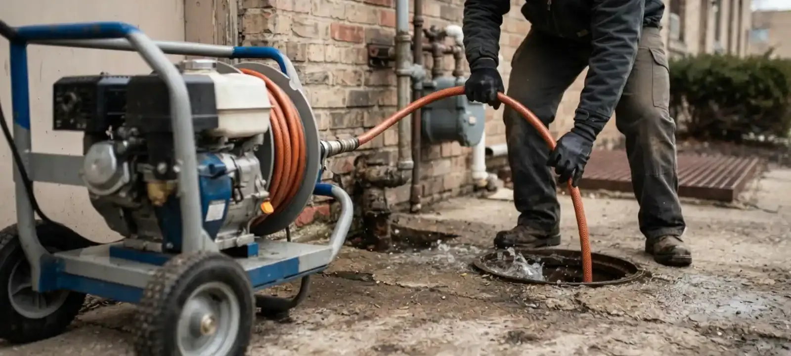 Plumber feeding a hydro jetting hose from a wheeled jetter into a drain cleanout