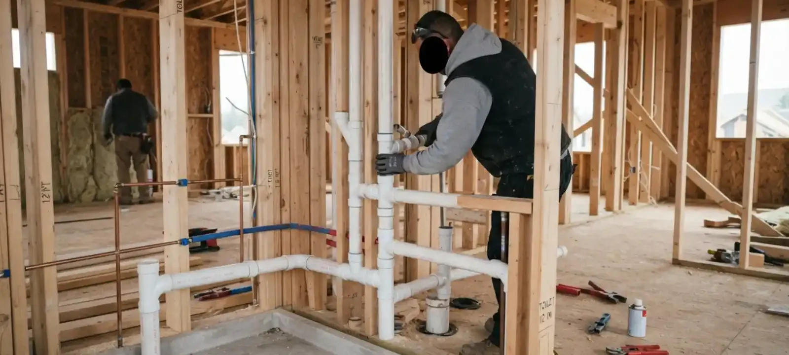 Plumber installing drain and vent piping in a framed room