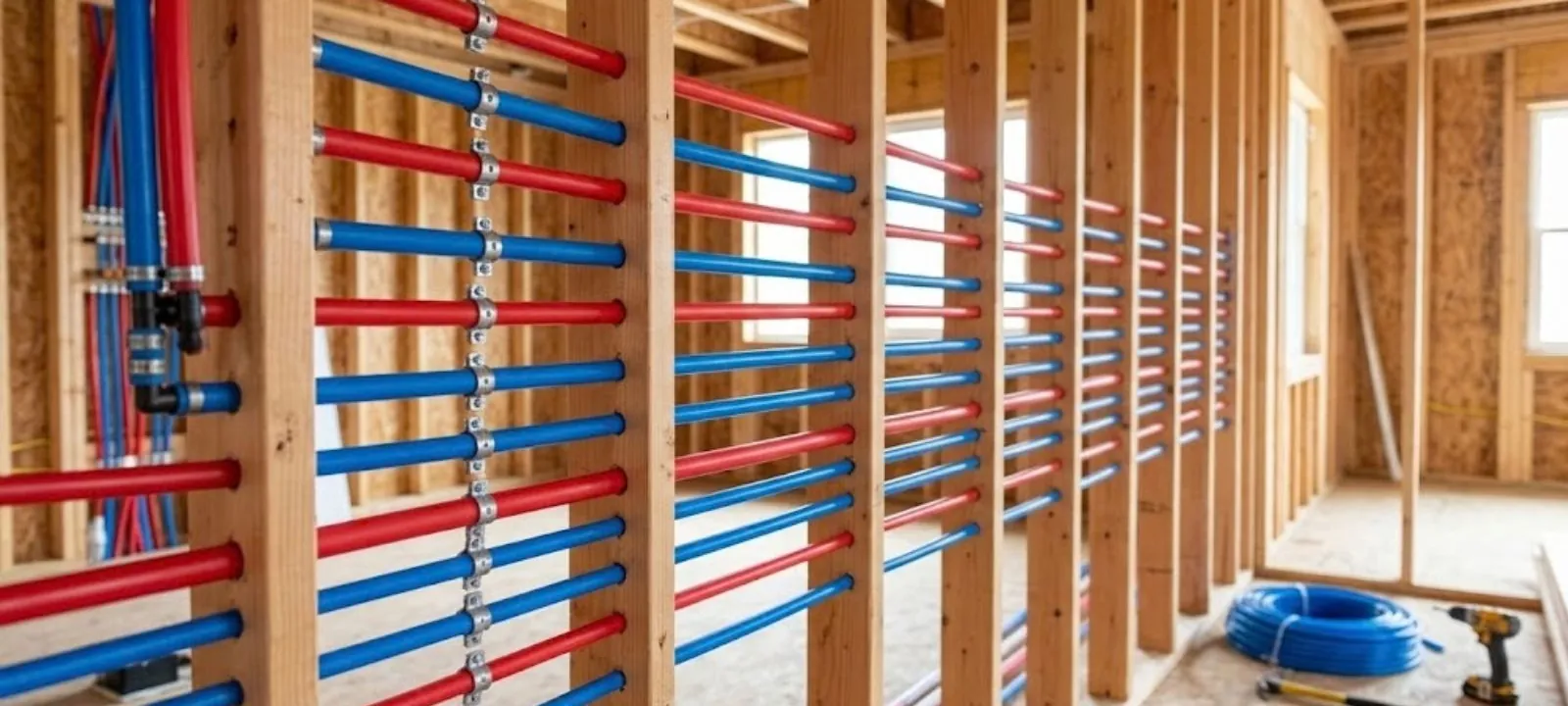 New red and blue PEX supply lines run through open wall studs