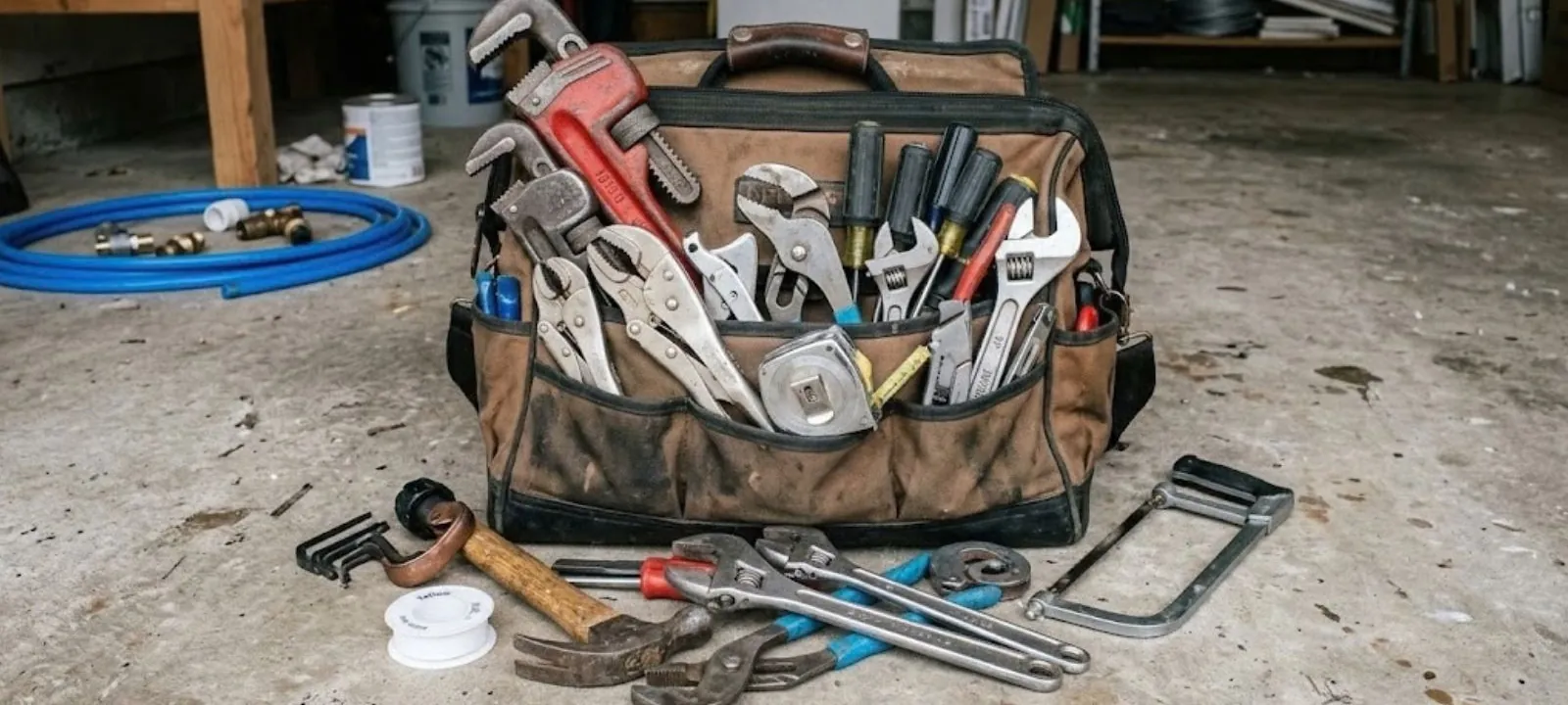 Plumber tool bag with wrenches and fittings on a workshop floor