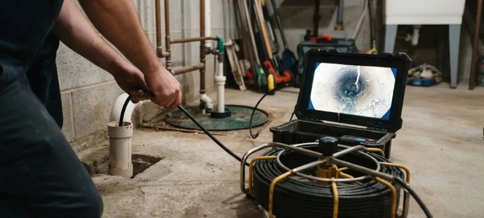 Technician running a sewer inspection camera with a monitor in a basement