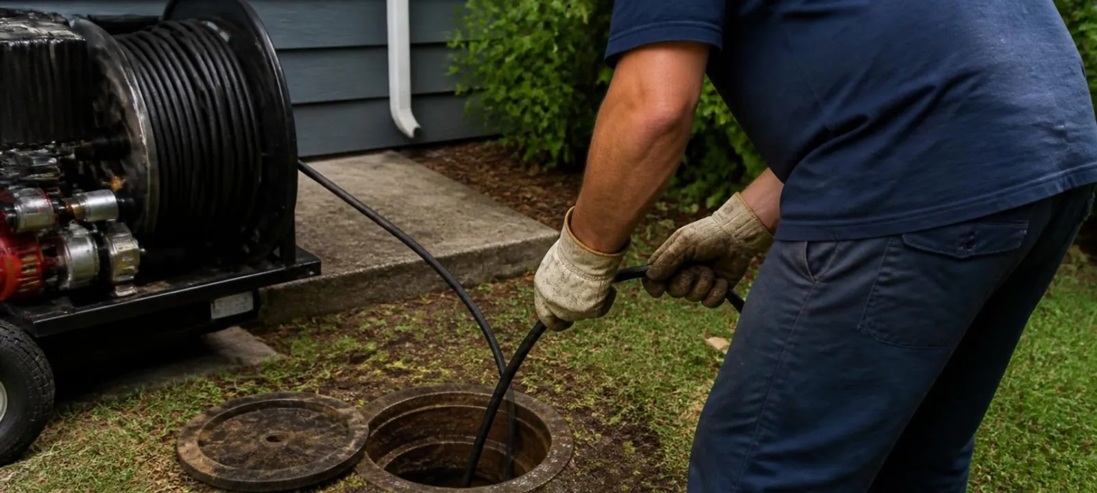 Plumber running a cable machine into an outdoor sewer cleanout