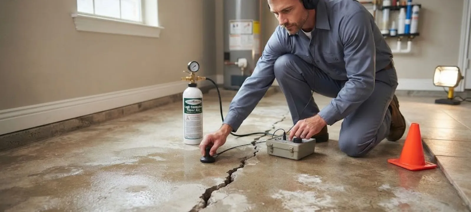 Plumber using leak detection gear on a cracked concrete slab floor