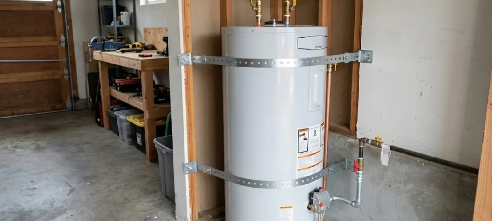 New tank water heater strapped to the wall in a garage