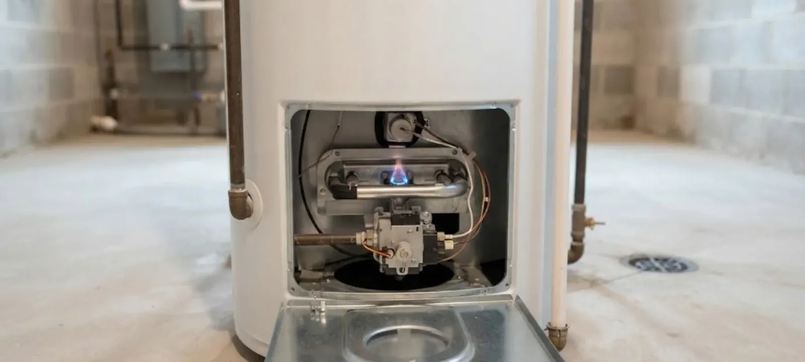 Open burner access panel on a gas tank water heater in a basement