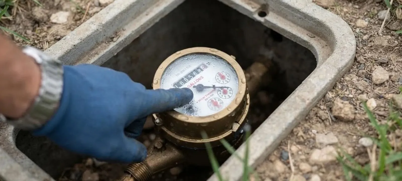 Gloved hand pointing at a water meter dial in an underground meter box