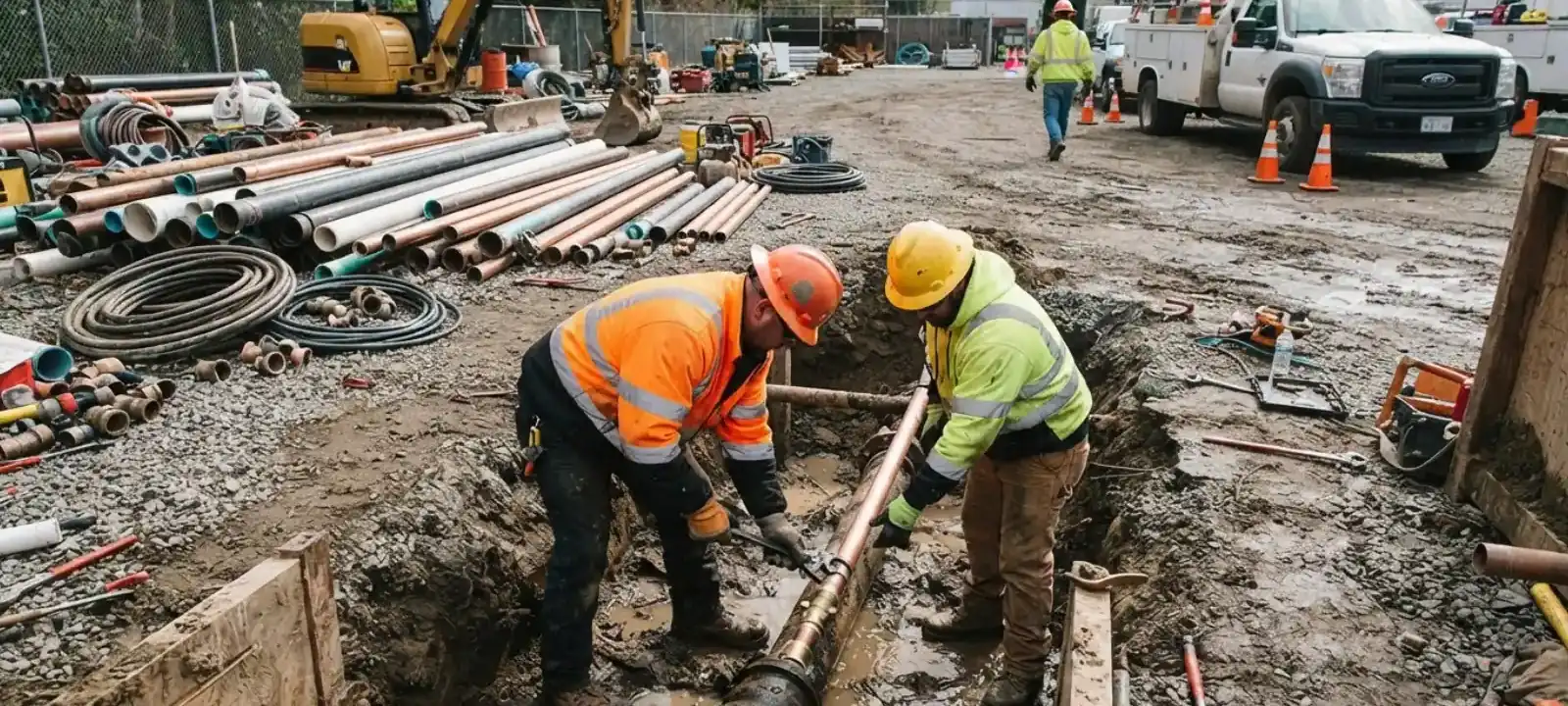 Crew repairing a water service line in an excavated trench