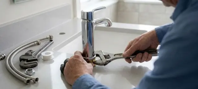Plumber tightening a bathroom faucet with a wrench