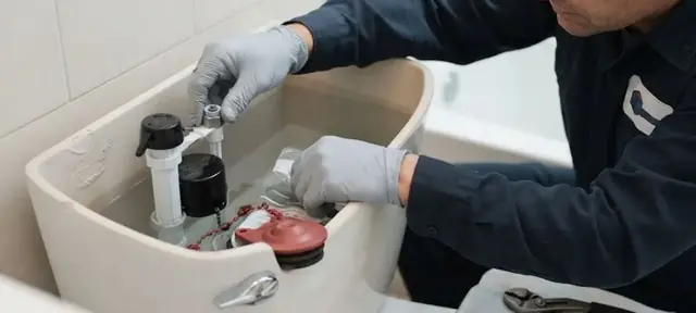 Plumber working on the fill valve and flapper inside a toilet tank