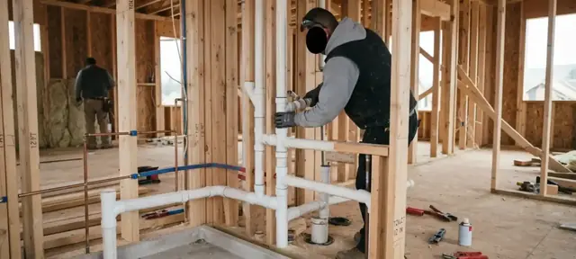 Plumber installing drain and vent piping in a framed room