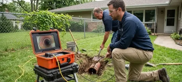 Crew with a sewer camera kit at an excavated sewer line in a front yard