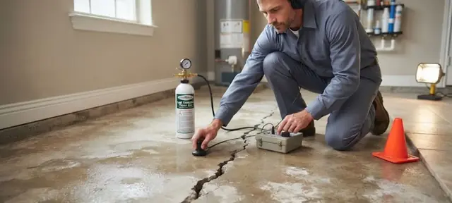 Plumber using leak detection gear on a cracked concrete slab floor