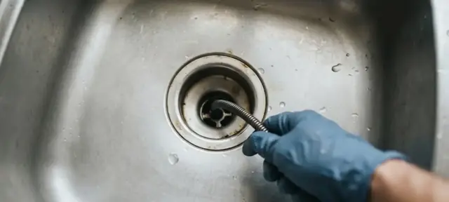 Gloved hand feeding a drain cable into a stainless sink drain